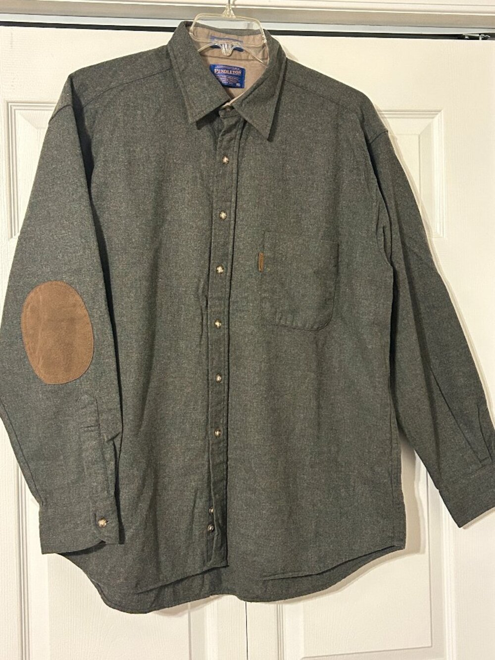 Men's PENDLETON Sz XL Green Wool Button Down Shirt w/Elbow Patches